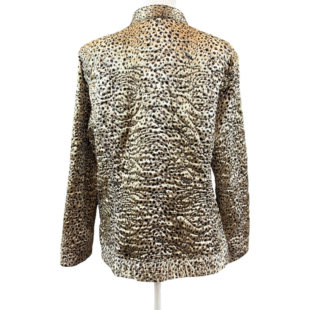 Chico's Reversible Quilted Jacket Women Size 2 Gold Leopard Gray Full Zip Mock - Picture 10 of 16